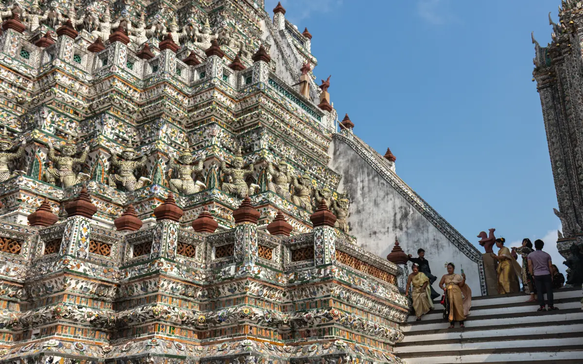 Ornate tiled temple tower at Wat Arun.