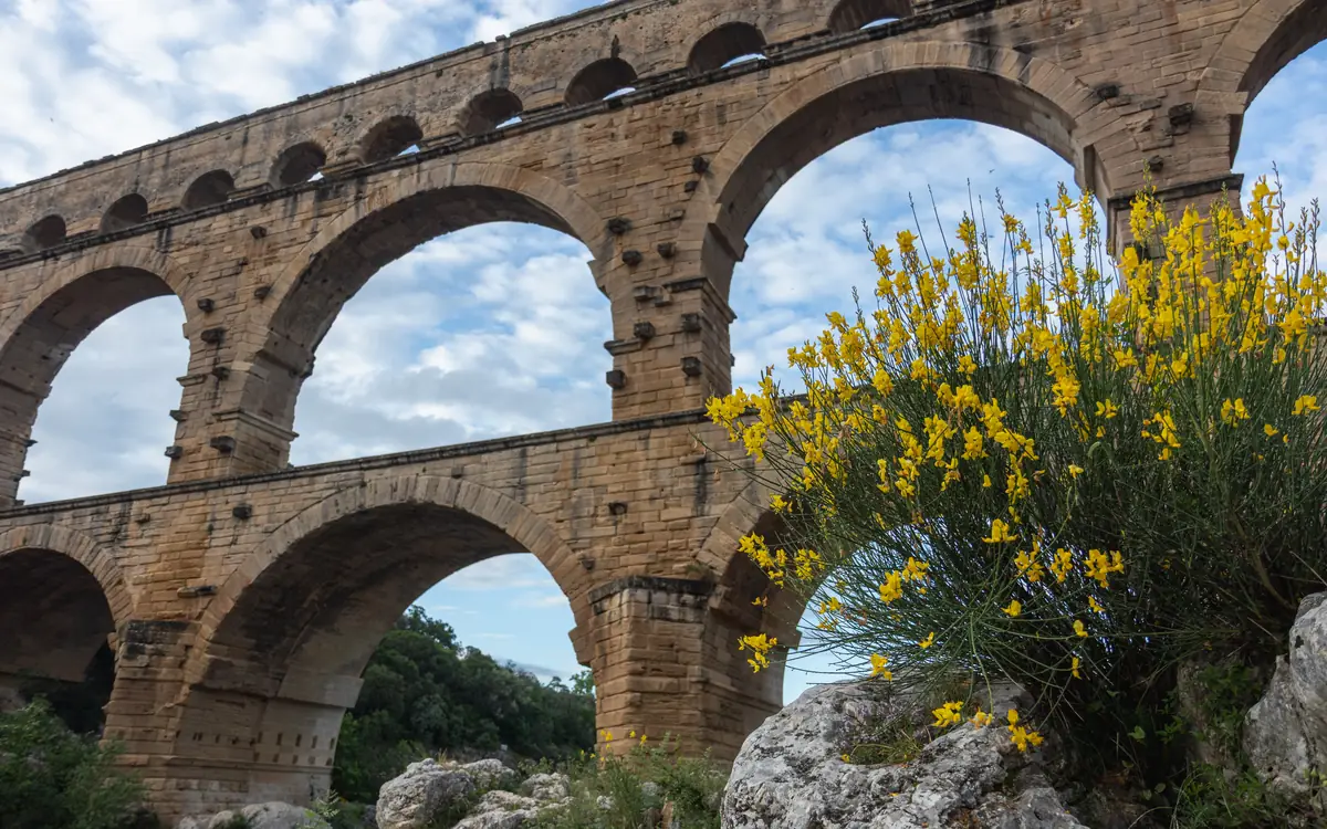 Roman aqueduct arches at Pont du Gard.