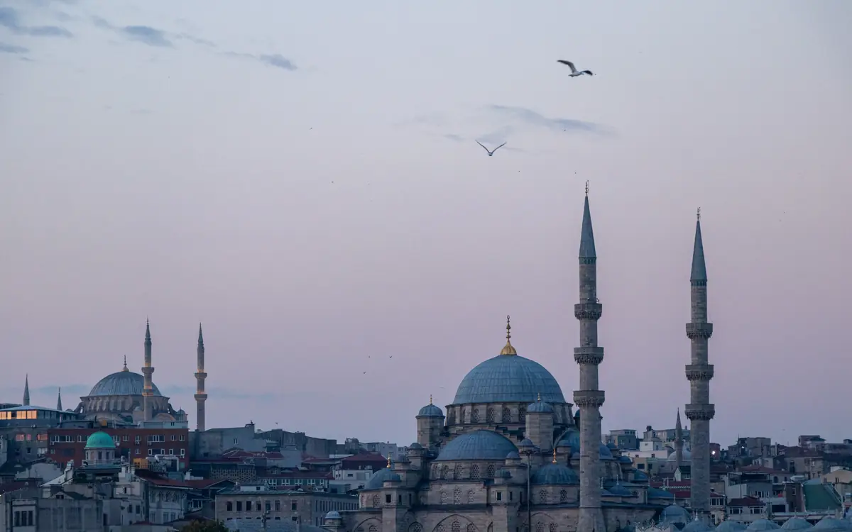 Domes and minarets of Yeni Mosque in the Istanbul skyline at dusk.