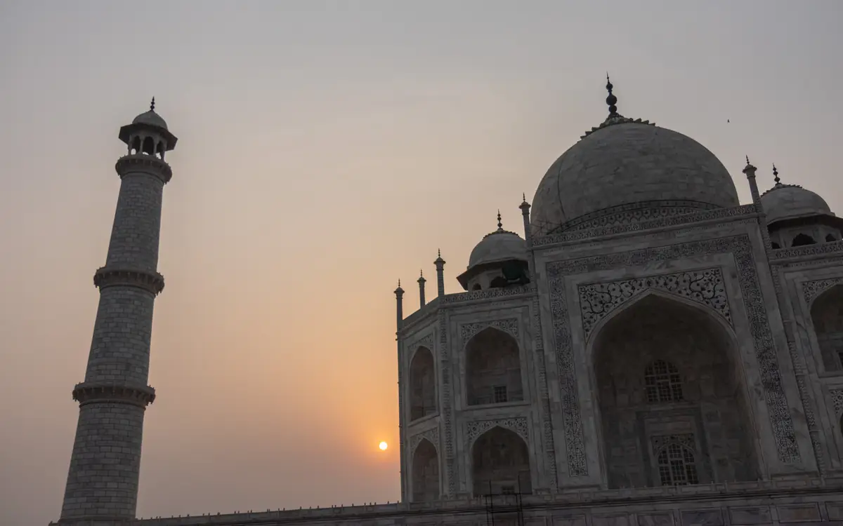 Taj Mahal side view at sunset.