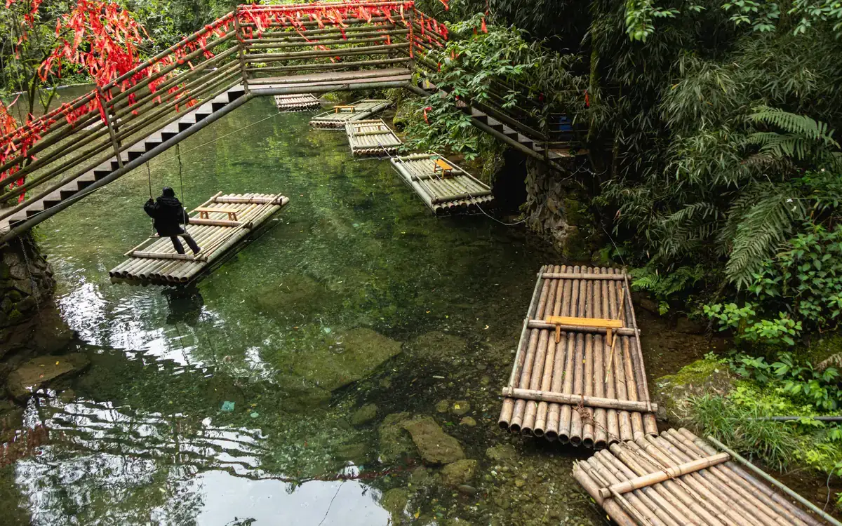 Clear green water and garden paths at Mount Qingcheng in Sichuan.