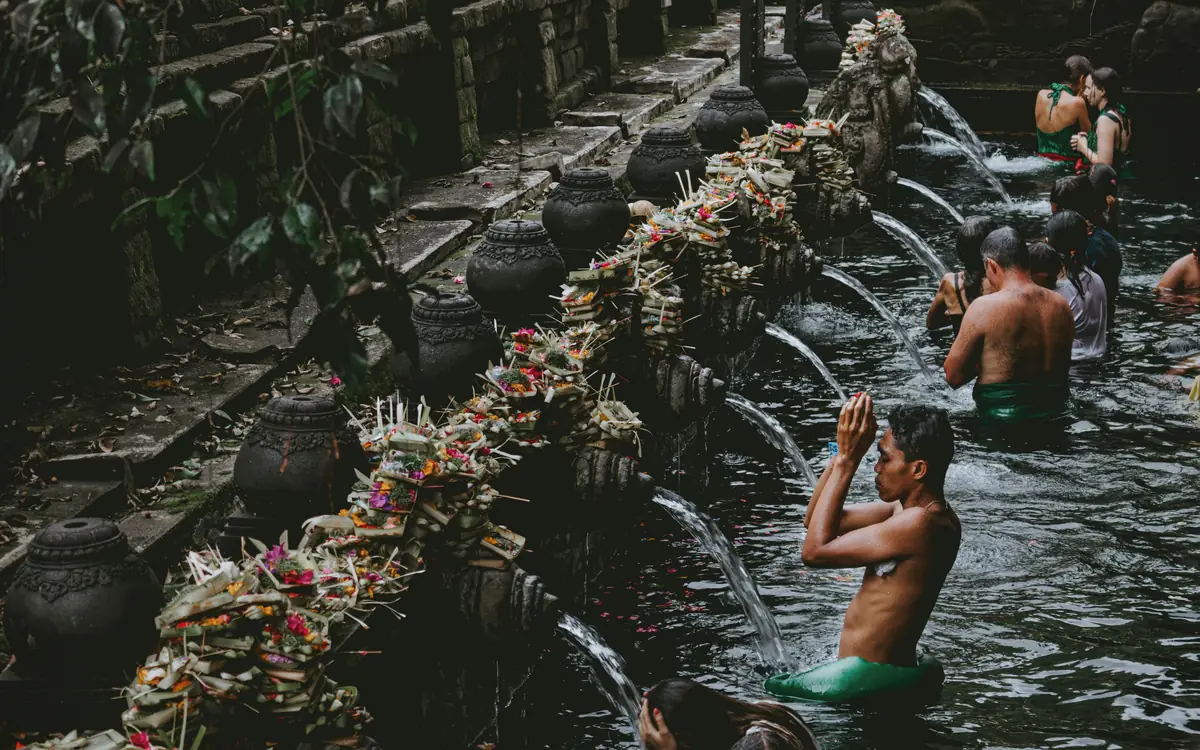 Worshippers in the spring water at Tirta Empul in Bali.