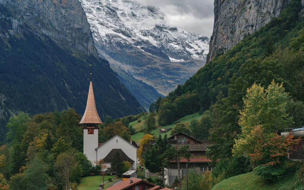 Lauterbrunnen church and alpine valley.