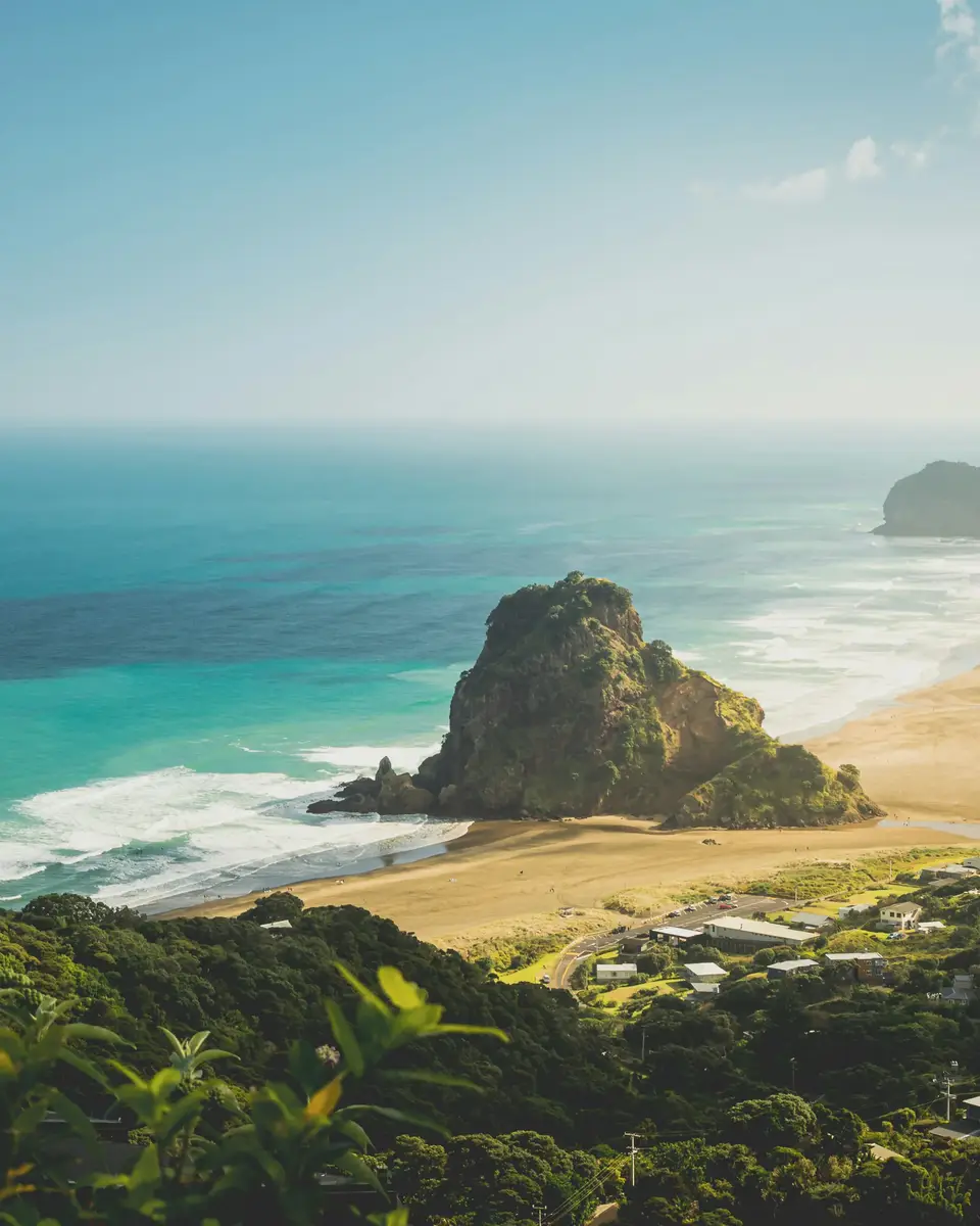 Photo of a beach and shoreline in New Zealand.