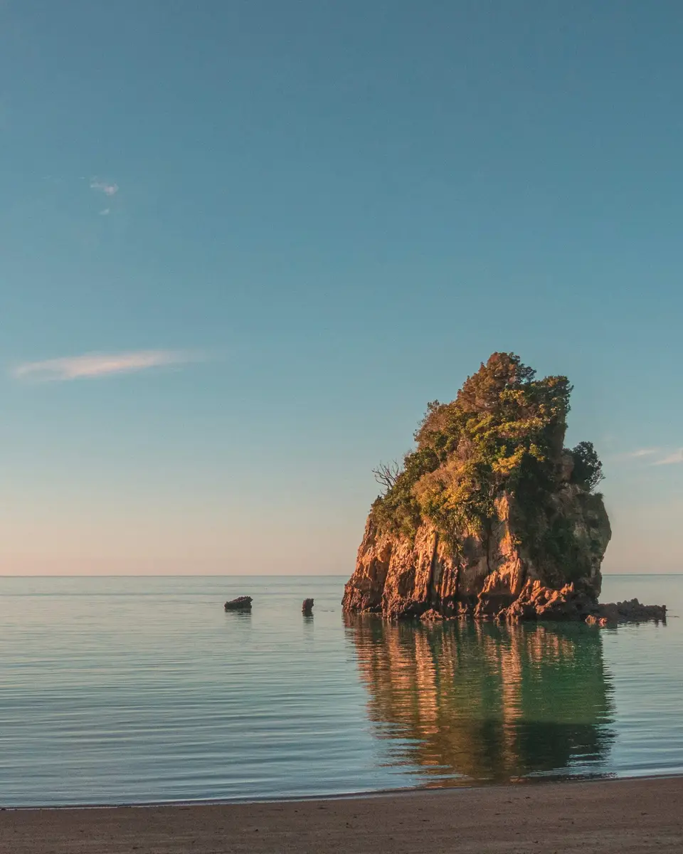 Photo of a beach and shoreline in New Zealand.
