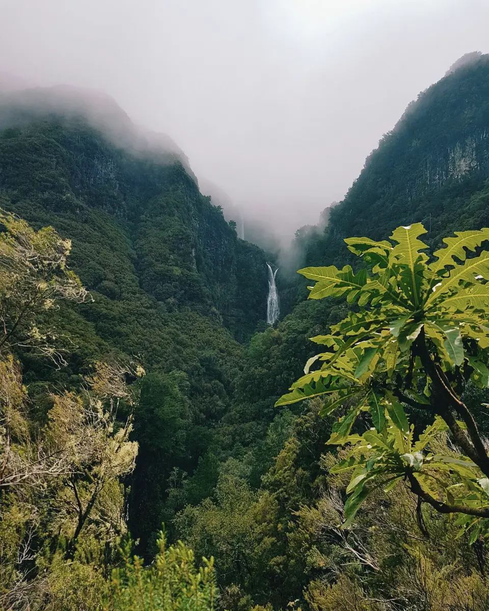 Lush green valley with steep cliffs, mist, and a distant waterfall in Portugal.